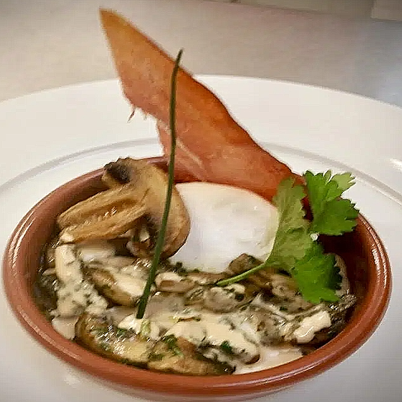 Poached egg with candied button mushrooms, Serrano ham tuile from Chef Nicolas ROTA