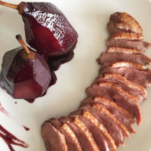 Duck breast with pears in wine