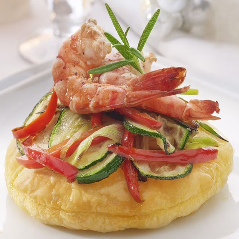 Pâte feuilletée aux légumes rôtis et crevettes marinées