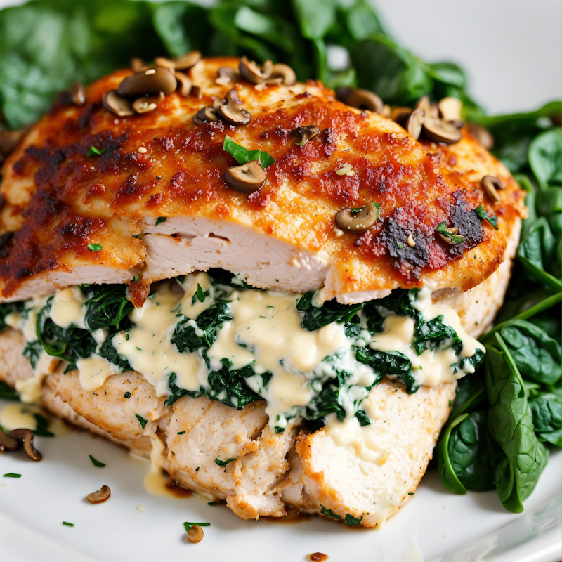 Suprêmes de poulet farci Epinards à la crème et champignons.