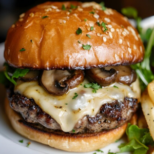 Normandy Burger with Camembert  Mushroom Sauce and potato röstis