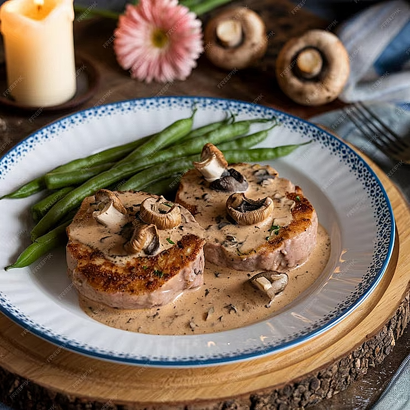 Côte de Veau à la Normande Crème et Champignons avec une Tarte Tatin Salée aux Tomates